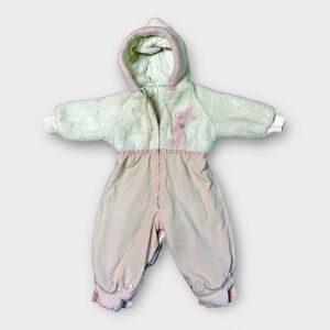 Vtg MCM Union Made USA Baby Girl Winter Snowsuit 3–6M Pink Fuzzy Quilted Bunny
